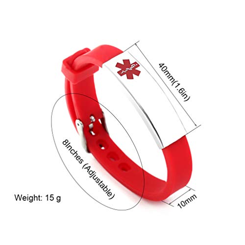 BAIYI Silicone Medical Alarm ID Bracelet Wristband Red for Women and Girls Free Engraving