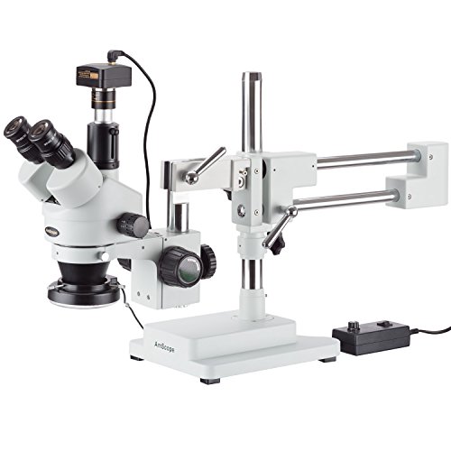 AmScope SM-4TZ-144-5MT Trinocular Stereo Microscope, WF10x Eyepieces, 3.5X-90X Magnification, 0.7X-4.5X Objective Power, 0.5X and 2.0X Barlow Lenses, 144-Bulb Ring-Style LED Light Source, Double-Arm Boom Stand, 110-240V, Includes 5MP Camera and Software