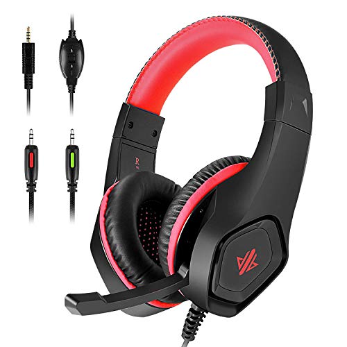 Lioeo Stereo Gaming Headset for PC, PS4, Xbox One Controller, Noise Isolation Over Ear Game Headphones with Mic, Surround Sound for Laptop Mac Computer Switch Games (Red)