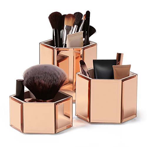 Beautify Hexagon Storage Pots for Makeup Cosmetics, Brushes, Jewelry & Accessories - Set of 3 with Glass Cleaning Cloth (Rose Gold)