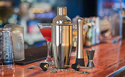FLOUREON Cocktail Making Set Cocktail Shaker Bartender Kit,6-Piece Cocktail Shaker,Stainless Steel 6-Pieces Dishwasher Safe with x2 Bottle Pourers 20ML/40ML Double Jigger Ice Crusher 26.4CM Bartender Spoon