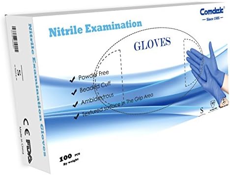 Comdek 100 Piece Nitrile Exam Gloves Powder Free, Ambidextrous, Beaded Cuff, Textured Surface In The Grip Area, Non-Sterile Convenient Dispenser, Medium