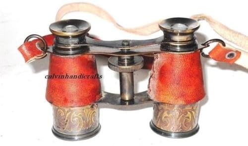 Antique Brass Binoculars - Vintage binoculars, old binoculars-RED LEATHER BOUND