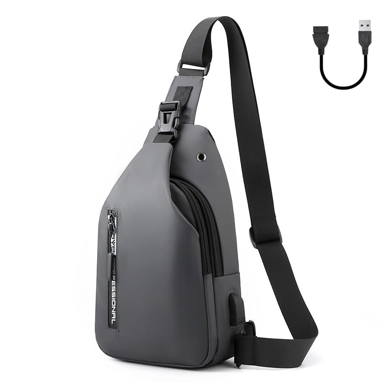 Aucuu Shoulder Bags Chest Bags, Usb Rechargeable Sling Bags, Crossbody Daypacks Small Backpacks, Anti-theft Waterproof Lightweight One Strap Rucksack Messenger Bags for Hiking, (Grey)