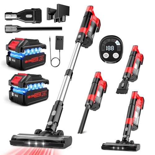 700W Cordless Vacuum Cleaner, 2×4000mAh Brushless Vacuum Cleaners for Home, 6 in 1 Lightweight Stick Vacuum 60kPa, 3 Suction, Portable Handheld Cordless Vacuum for Pet Hair/Hardwood Floor/Dorm Red