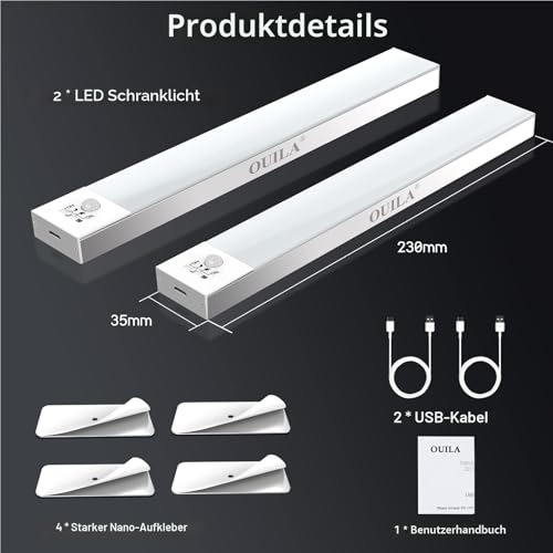 Schrankbeleuchtung LED mit Bewegungsmelder 2 Stück Schranklicht Schrankleuchte Led Leiste Batterie USB Wiederaufladbar Unterbauleuchte Küche für Kleiderschrank, Treppe, Kofferraum, RV