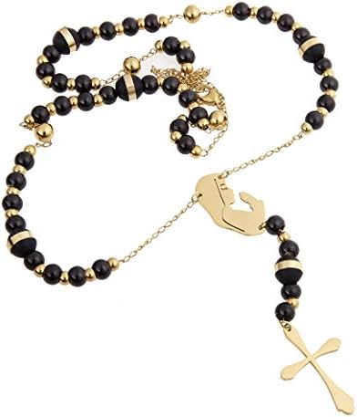 Catholic Rosary Necklace Stainless Steel Crucifix Pendant (24" Black Gold)