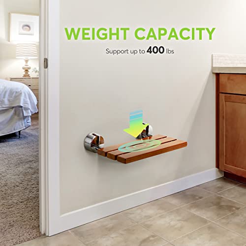 OasisSpace 20” Teak Folding Shower Seat Bench, Medical Wall Mounted Fold Down Shower Seat, 400