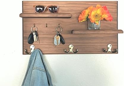 Coat and Key Rack with Floating Shelves Brazilian Rosewood Finish with Antique Brass Hooks