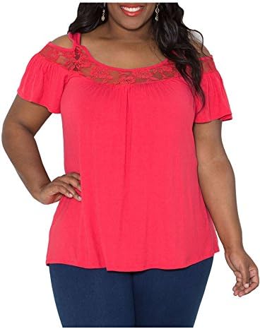 CutyKids Womens Tops Lace Off Shoulder Plus Blouse Short Sleeve T Shirt Red 6XL