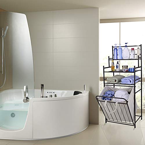 Mythinglogic Laundry Hamper with 3 -Tier Storage Shelves Bathroom Tower Storage Organizer with Dual Compartment Removeable Hamper for Bathroom, Laundry Room