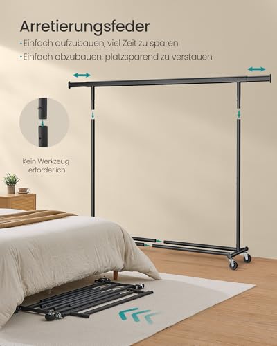 SONGMICS Clothes Rack on Wheels, Heavy Duty Clothes Rack, Extendable Clothes Rail, Maximum Load 150 kg, Easy Assembly, Portable, Black HSR175B01