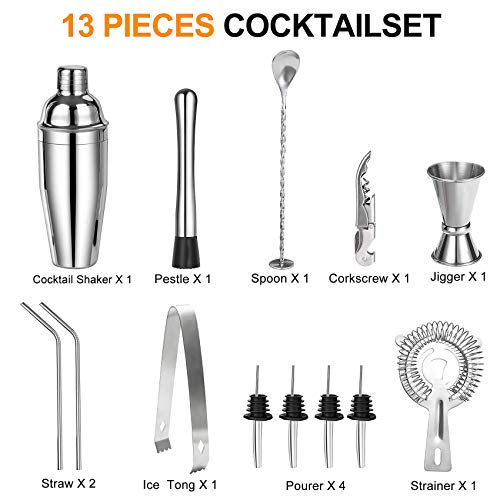 Cocktail Shaker Set Edelstahl 13-Teiliges Cocktail Bar Set Bar Zubehör Cocktail Set 750 ML, Barzubehör Werkzeug Party… – Bild 3