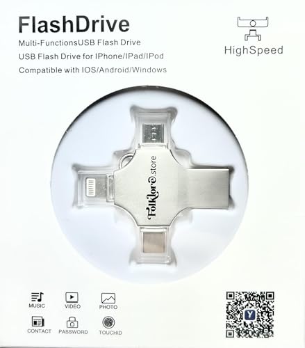 Pen Drive OTG 4 em 1 (256 GB), Armazenamento Externo, Pendrive de Fotos, USB 3.0 Memory Stick Jump Drive PhotoStick para iPad, Android, PC, iPhone.