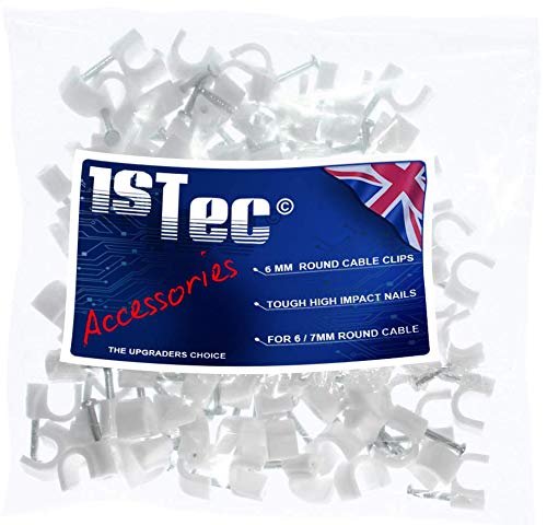 1STec 200 x 6mm Round White Coax Clips Suitable for Indoor or Outdoor use on Plaster, Wood or Masonry with Hardened Nails to Pin or Tack RG6 RG7 CT100 or Webro WF100 Digital TV Cable Freesat Leads