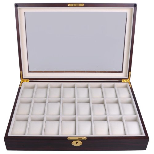 Ebony Wood Glass Top 24 Watch Slots Display Case 17-in L Jewelry Box Wristwatch Organizer w Gold Accents
