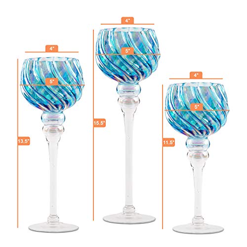 Hurricane Candle Holders Glass Set | 3-Piece Blue Tall & Attractive Votive, Pillar & Tealight Long Stem Candleholders | Ideal for Wedding Centerpiece, Home Decor, Parties, Table Settings & Gifts