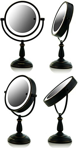 Ovente 8.5” Dual-Sided LED Lighted Makeup Mirror with Timer, Battery or Cord Operated, SmartTouch with 3 Light Tones (Cool, Warm, Natural Daylight), 1x7x Magnification, Oil-Rubbed Bronze (MPT85BZ1X7X)