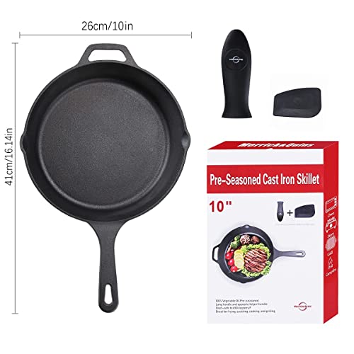 Preseasoned Cast Iron Skillet 10 Inch with Removable Silicone Handle Grip and Pan Scraper, Cast