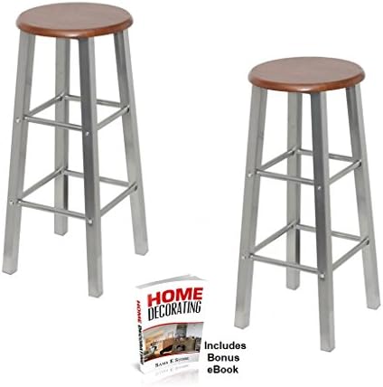 Bar stool Set of 2 Classic Design Round Seat Metal Four Legged Frame Footrest