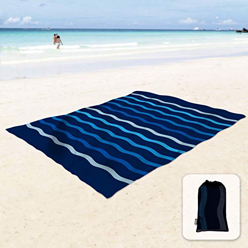 Sunlit Silky Soft Sand Proof Beach Blanket Sand Proof Mat with Corner Pockets and Mesh Bag 6′ x 7′ for Beach Party, Travel, Camping and Outdoor Music Festival, Navy Blue Wave Curve
