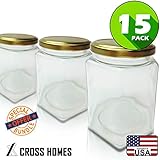 Hexagon Jars Gold Lid (15pcs, 9.0 oz) Hexagon Glass Jars with Gold Plastisol Lined Lids for Jam Honey Jelly Wedding Favors Baby Shower Favors Baby Food DIY Magnetic Spice Jars Crafts Canning Jars
