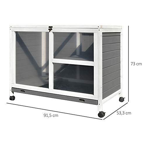 PawHut Kaninchenstall aus Holz Hasenstall mit 2 Etagen Freilaufgehege Rädern Klappdach Rampe Tablett, Winterfest Meerschweinchenstall Kleintierstall Kaninchenkäfig für Innen, 91,5 x 53,3 x 73 cm Grau – Bild 8