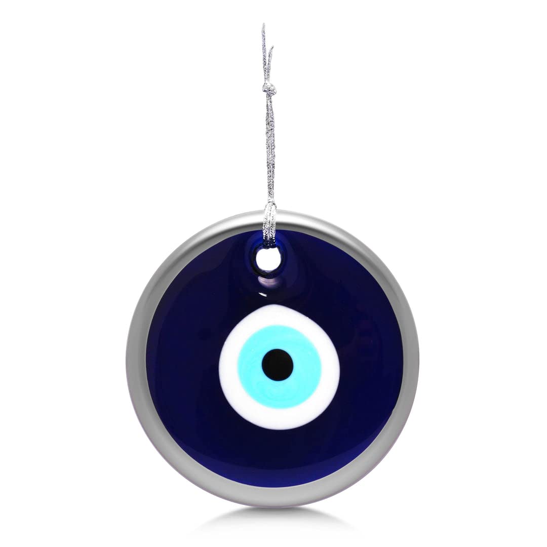 MYSTIC JEWELS - Evil Eye Glass, Blue and White, Large Turkish Eye 12cm Approx with Hole, Good Luck Charms for Wall Hanging (Silver)