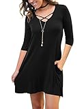 Grapent Women's Criss Cross Black 3/4 Sleeves Casual Shift Short Dress