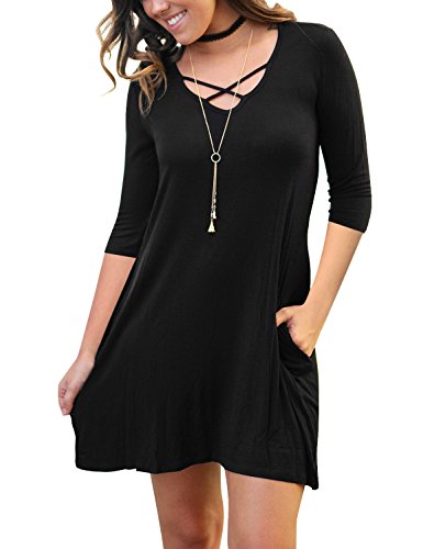 Grapent Women's Criss Cross Black 3/4 Sleeves Casual Shift Short Dress