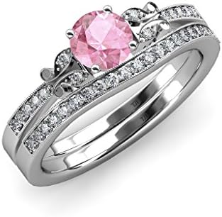 Pink Tourmaline &amp; Diamond Butterfly Engagement Ring &amp; Wedding Band Set 1.30ct tw 14K White Gold.size 4.5