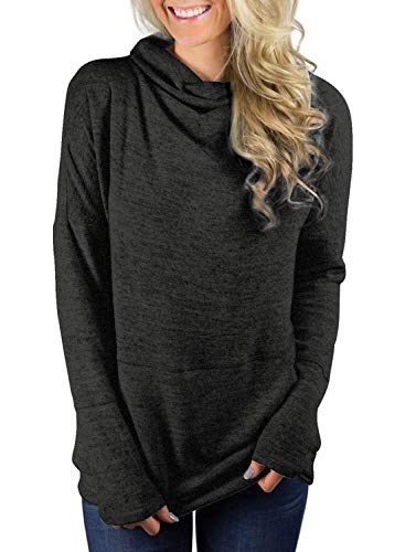 Unidear Womens Cowl Neck Loose Pullover Sweatshirt Casual Long Sleeve Tunic Top with Pockets Black L