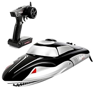 FUNTECH RC Boat Shark Design Super Speed 25MPH(40km/h) with Reverse Function – 2.4 GHz RTR Remote Control Boat with Self-righting Auto Roll Back, Best Gifts for Kids&Adults, Boys& Girls – Black