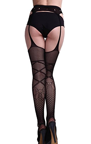 Deargirl Legs Fishnet Thigh High Stockings with Garter Belt (One Size, Black)