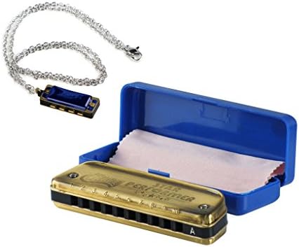 Huang Diatonic Harmonica 10 Holes Blues Harp Mouth Organ Key of A with Mini Harmonica Necklace