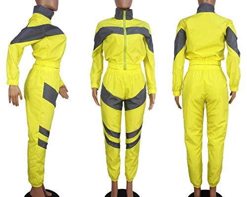 Two Piece Sets for Women - Color Block Zip Up Jacket Tops + Long Pants Activewear Set with Pockets Yellow L