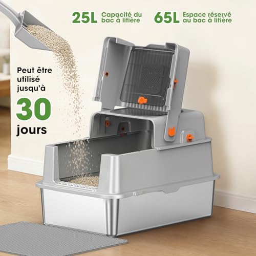 Stainless Steel Litter Tray with Lid, Large Cat Tray, Closed Tray with Odor Control, Charcoal Filter & Double Enter, Easy to Clean, Non-stick, Durable, Light Grey