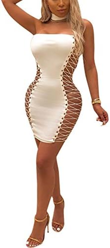 Remxi Women Sexy Halter Neck Strapless Lace up Bandage Bodycon Pencil Mini Party Club Dress