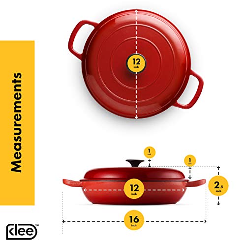 Klee Enameled Cast Iron Casserole Braiser - 3.8 Qt Sauce Pan with Lid - Covered Braiser Pan with Lid - Covered Casserole Dish with Lid - Nonstick Sauce Pan with Cover - 12 Inch Casserole Pan (Red) - Thumbnail 4