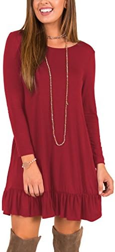 Bauihr Womens Long Sleeve Casual Loose Swing T Shirt Dress With Pockets (XXL, Burgundy)