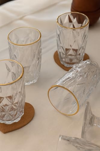 Conjunto 6 Copos de Vidro Lapidado com Borda Dourada, Fio de Ouro – 350 ml | Copos Elegantes para Água, Sucos e Drinks Sofisticados