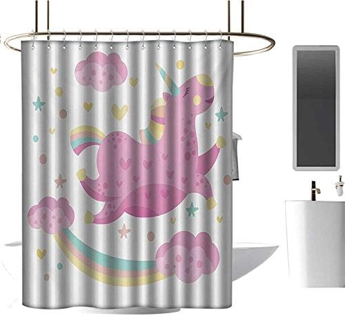 Waterproof Fabric Shower Curtain Girls,Chubby Legendary Smiley Unicorn with Star Rainbow Funny Cartoon Kids Room Nursery,Pink Yellow,Decorative Bathroom Curtain 54"x78"