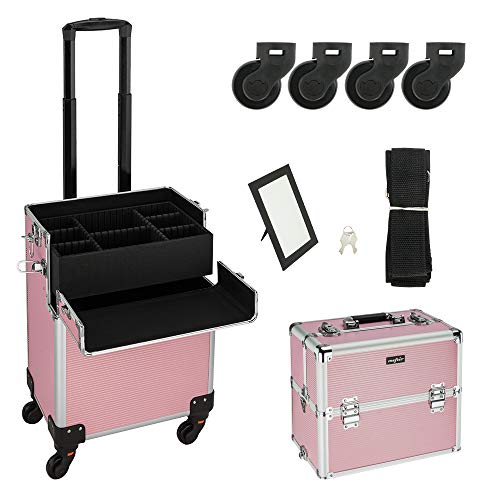 2 in 1 Rolling Makeup Train Case, Makeup Travel Organizer Cosmetic Case, Aluminum Cosmetology Display Suitcase on Wheels, Beauty Storage Luggage Lockable w/4 Removable Wheels (Pink) - Thumbnail 7