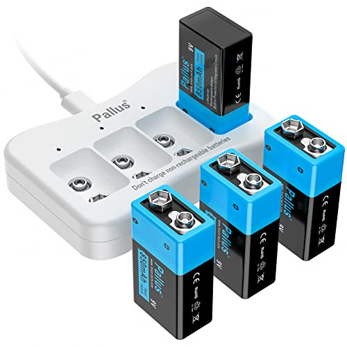 Pallus 9v Rechargeable Batteries, 4Pack 850mAh 9 Volt Liion Batteries