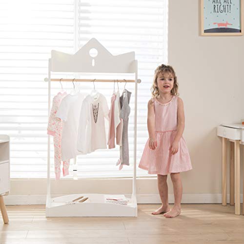 JOLIE VALLÃ‰E TOYS & HOME 2-in-1 Kids Wood Armoire Wardrobe Crown Clothes Rack, White Baby Clothes Storage Rack Standing Closet, Boutique Clothes Rack Organizer for Toddler Girls 2-5 Years