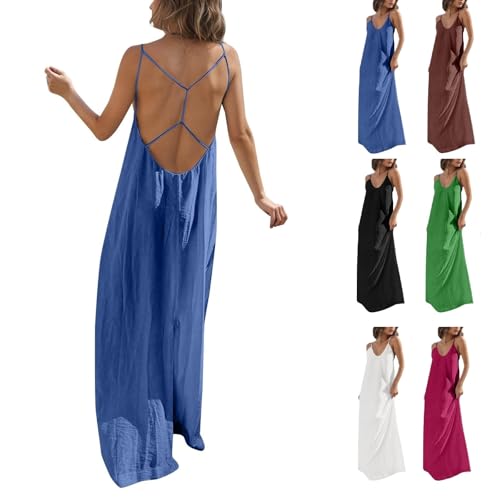 Blue Womens Resort Wear 2026 Cami Lounge Dress Backless House Dress Spaghetti Strap V-Neck Low Back Strappy Maxi Sundress Mexico Outfits for Women Vestido De Playa para Mujer 2026