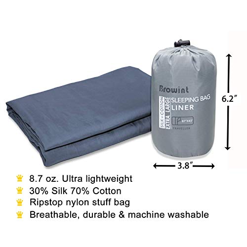Browint Silk/Cotton Travel Sheet with Double Zippers, 87"x43" Extra Wide Sleep Sack for Hotels, Lightweight Sleeping Bag Liner for Camping, Traveler Rectangular with Pillow Pocket ...