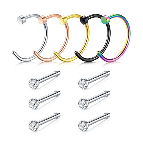 Nose Rings, 11PCS 316L Surgical Stainless Steel Zolure Body Jewelry Piercing Nose Hoop Ring and Nose Stud Ring 2 Designs Included