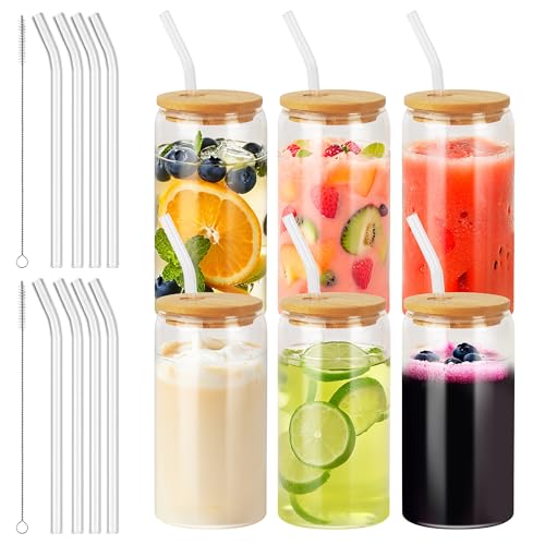 Nuangoo 6 x Drinking Glasses with Bamboo Lids and Glass Straw, Glass Can 500 ml, with Lid and Straw, Reusable Cups for Ice Coffee, Cocktail, Smoothie, Soda, Beer