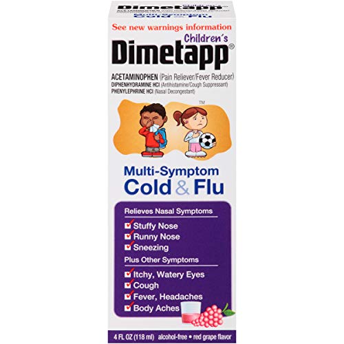 Children's Dimetapp Multi-Symptom Cold & Flu (4 fl. oz., Red Grape Flavor), Decongestant, Pain Reliever & Antihistamine/Cough Suppressant, Alcohol-Free, Ages 6+